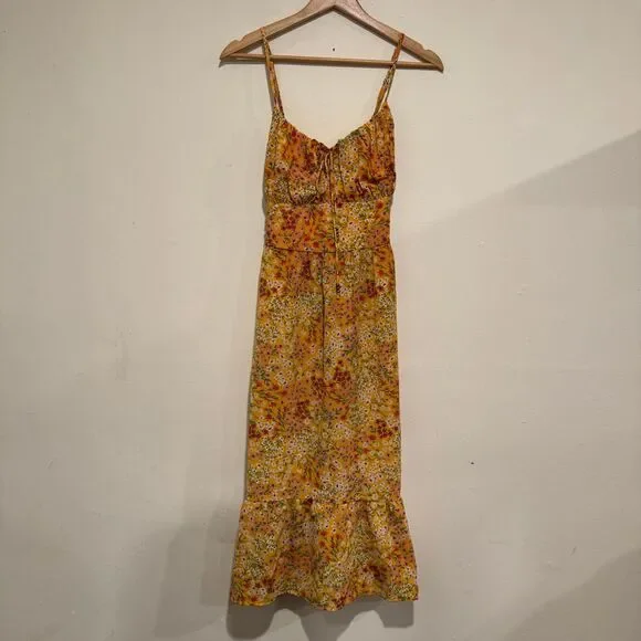 BCBG Paris Womens Dress MilkMaid Midi Mustard Size Medium Floral - Picture 2 of 8